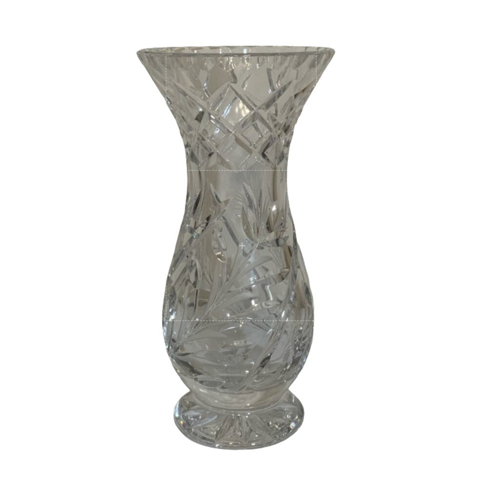 Heavy Crystal Flower Clear Vase With Floral Pattern 4.5" Diameter 11" Tall USED